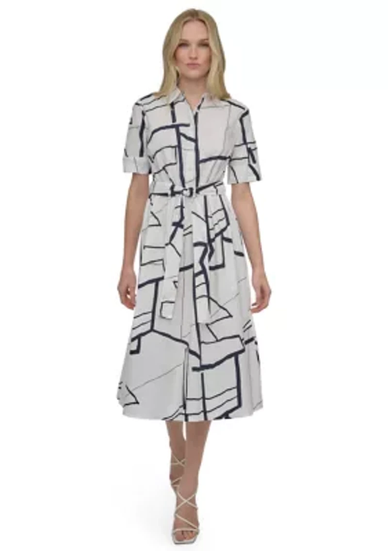 Women's Elbow Sleeve Collared Geo Print Shirtdress