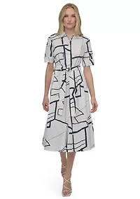 Women's Elbow Sleeve Collared Geo Print Shirtdress