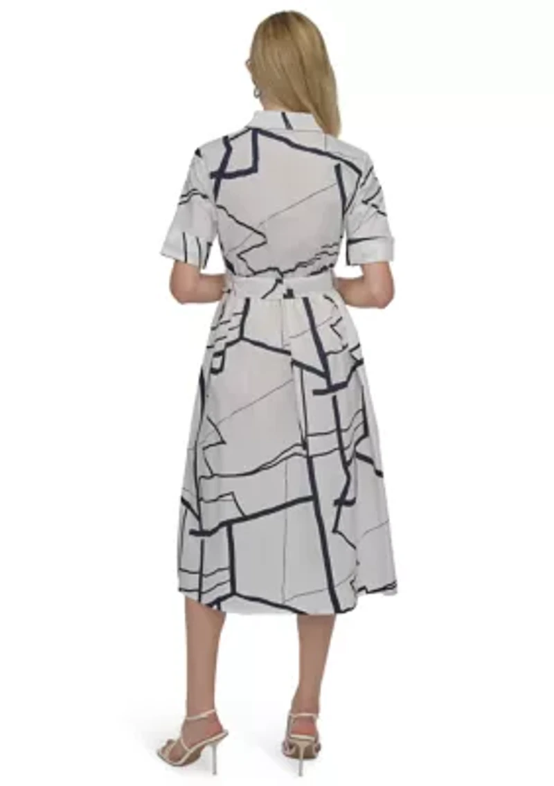 Women's Elbow Sleeve Collared Geo Print Shirtdress
