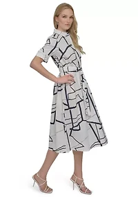 Women's Elbow Sleeve Collared Geo Print Shirtdress