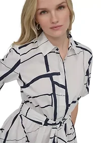 Women's Elbow Sleeve Collared Geo Print Shirtdress