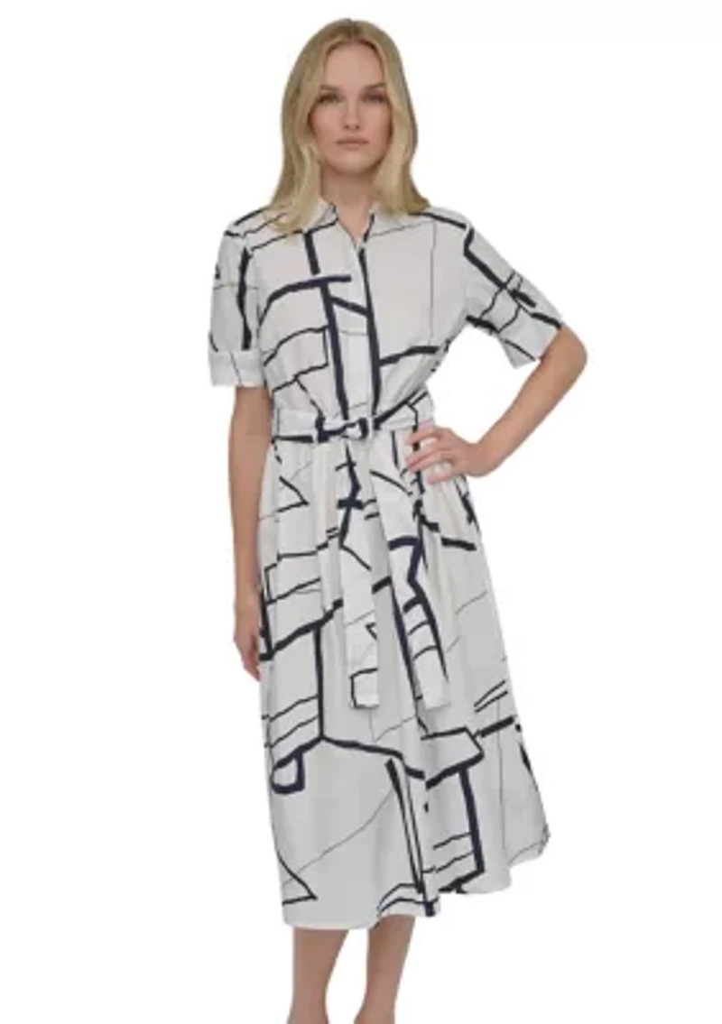 Women's Elbow Sleeve Collared Geo Print Shirtdress