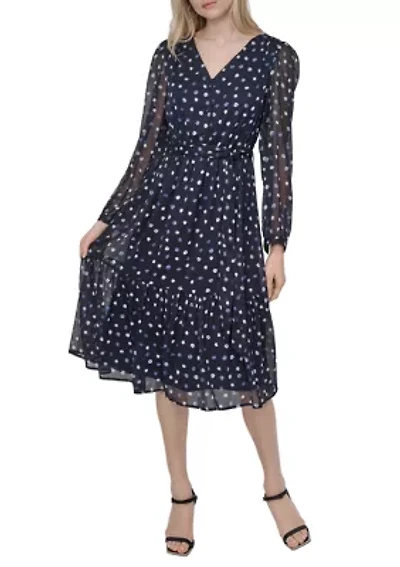 Women's Promo Long Sleeve Printed Chiffon A-Line Dress