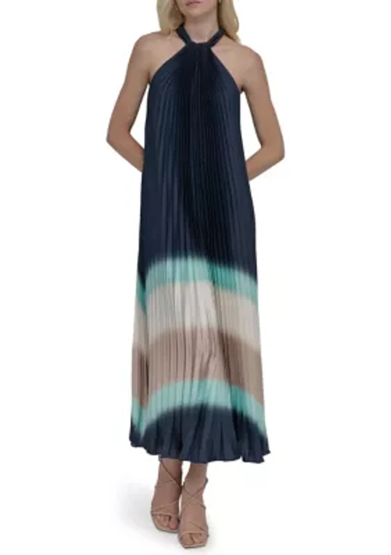 Women's Sleeveless Halter Neck Stripe Print A-Line Dress
