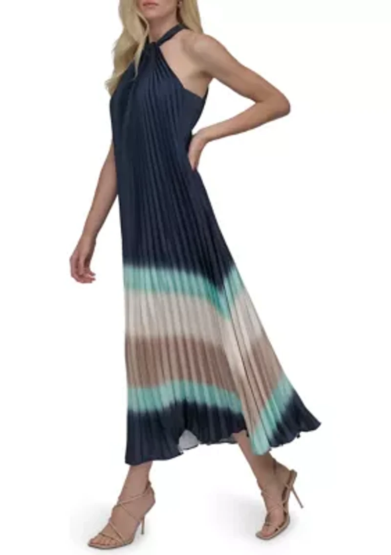 Women's Sleeveless Halter Neck Stripe Print A-Line Dress