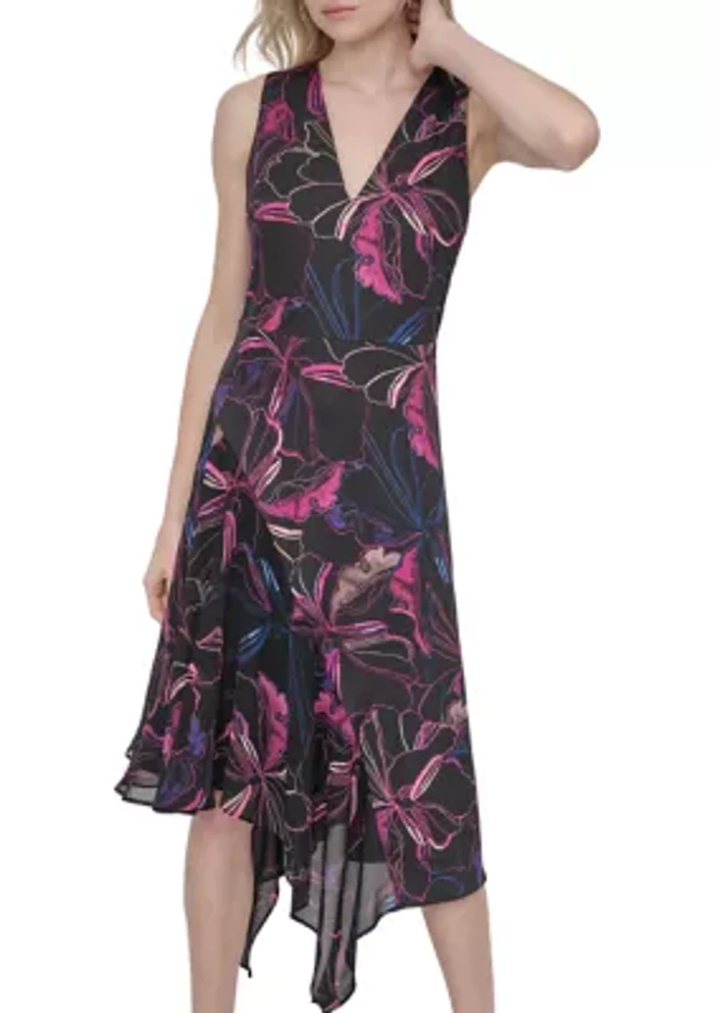 Women's Printed Belted Midi Dress