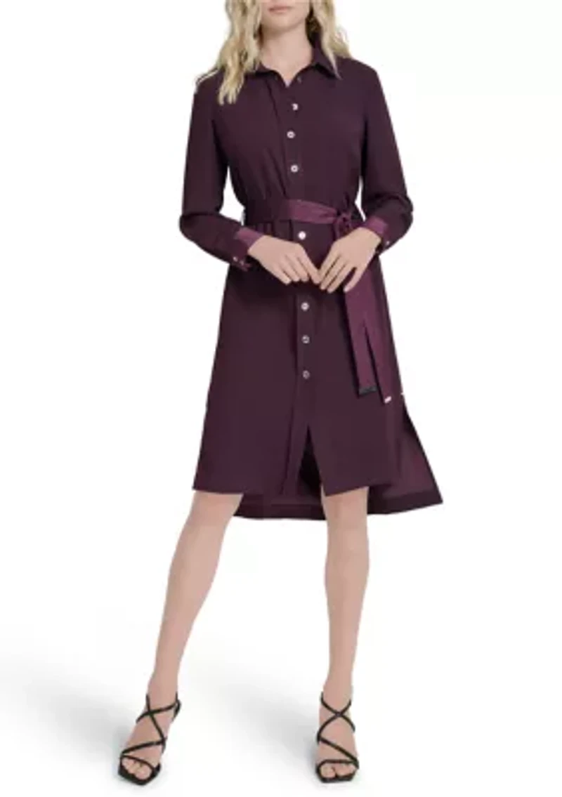 Women's Long Sleeve Collar Neck Solid Satin Shirt Dress