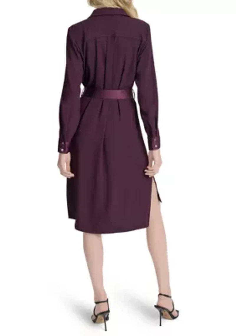 Women's Long Sleeve Collar Neck Solid Satin Shirt Dress