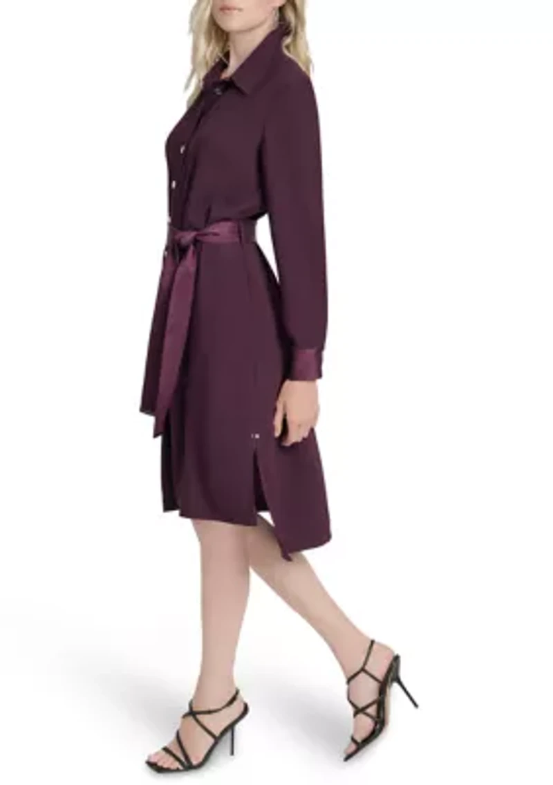 Women's Long Sleeve Collar Neck Solid Satin Shirt Dress