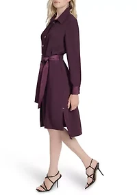 Women's Long Sleeve Collar Neck Solid Satin Shirt Dress