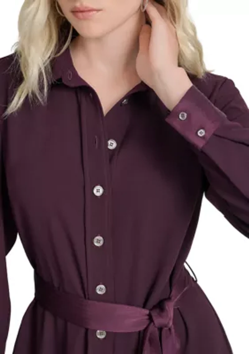 Women's Long Sleeve Collar Neck Solid Satin Shirt Dress