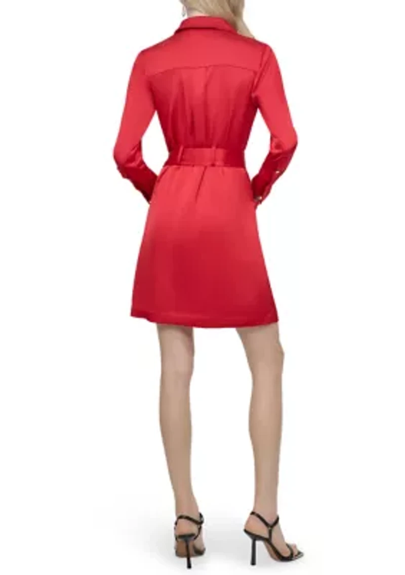 Women's Long Sleeve Collar Satin A-Line Dress