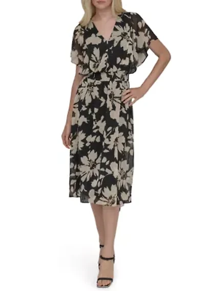 Women's Floral Printed Fit and Flare Midi Dress