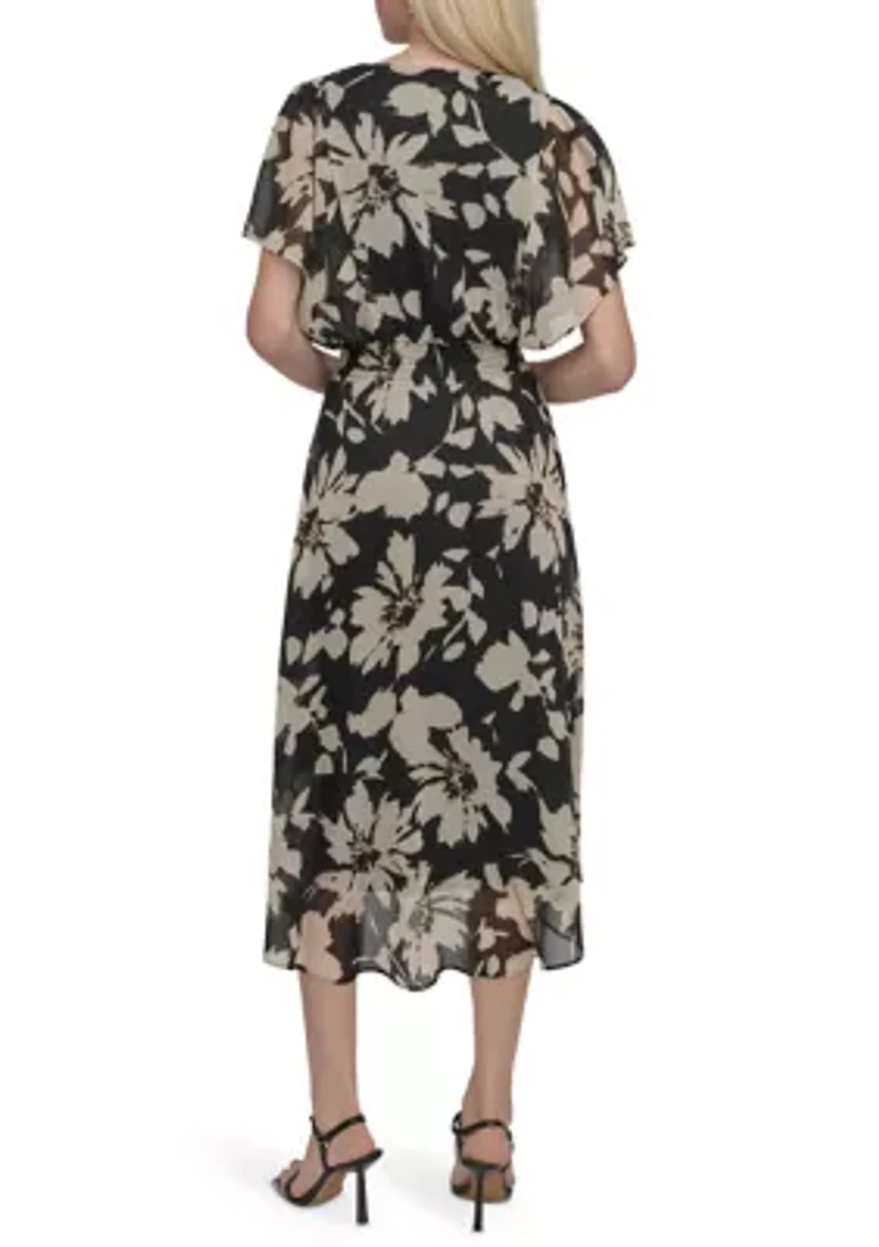 Women's Floral Printed Fit and Flare Midi Dress