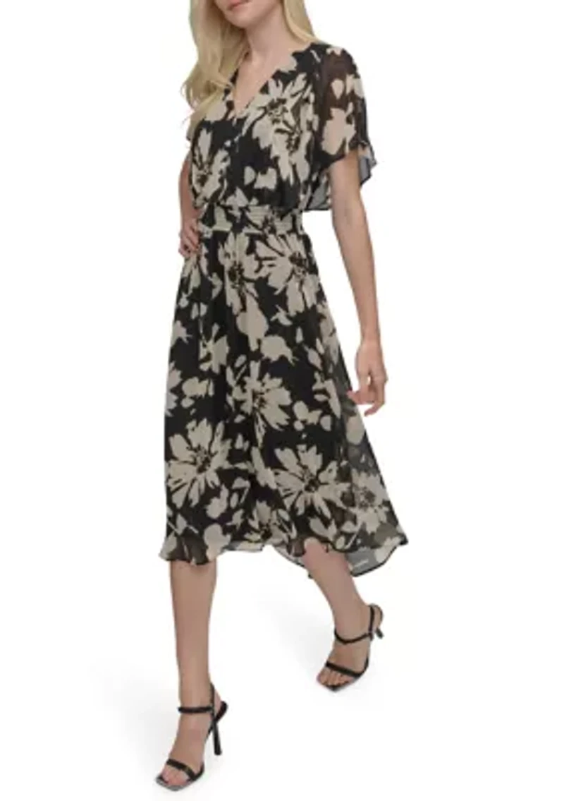 Women's Floral Printed Fit and Flare Midi Dress