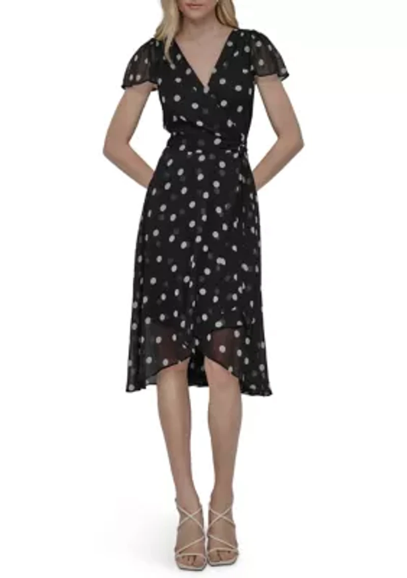 Women's Dot Printed V-Neck Fit and Flare Dress