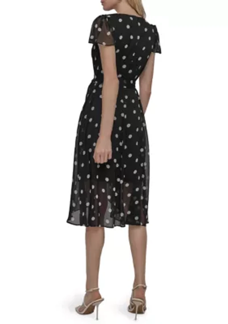 Women's Dot Printed V-Neck Fit and Flare Dress