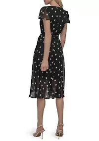 Women's Dot Printed V-Neck Fit and Flare Dress