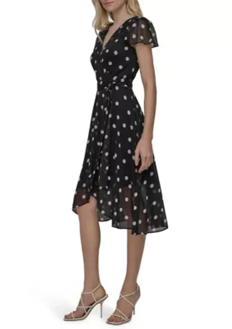 Women's Dot Printed V-Neck Fit and Flare Dress