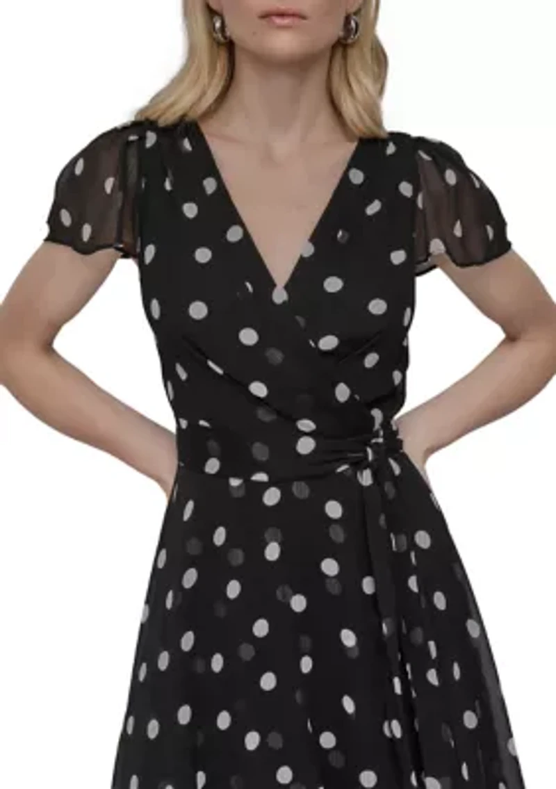 Women's Dot Printed V-Neck Fit and Flare Dress