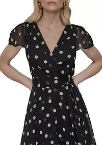 Women's Dot Printed V-Neck Fit and Flare Dress
