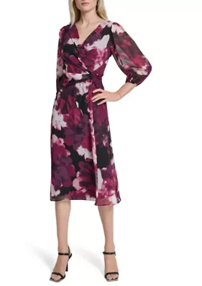 Women's V-Neck Floral Print Chiffon A-Line Dress