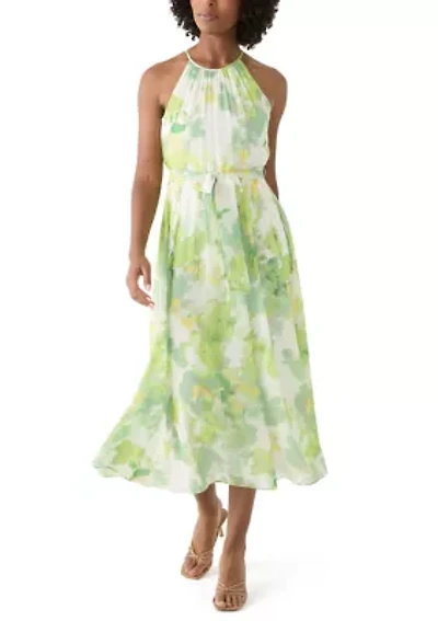 Women's Sleeveless Halter Floral Print Midi Fit and Flare Dress