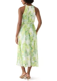 Women's Sleeveless Halter Floral Print Midi Fit and Flare Dress