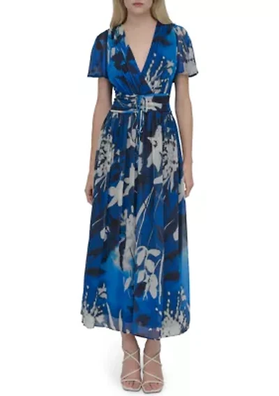 Women's Short Sleeve V-Neck Floral Print Chiffon Maxi Fit and Flare Dress