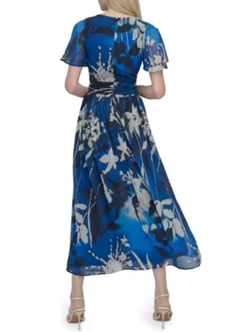 Women's Short Sleeve V-Neck Floral Print Chiffon Maxi Fit and Flare Dress