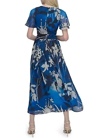 Women's Short Sleeve V-Neck Floral Print Chiffon Maxi Fit and Flare Dress