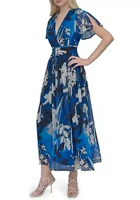 Women's Short Sleeve V-Neck Floral Print Chiffon Maxi Fit and Flare Dress