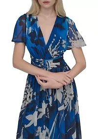 Women's Short Sleeve V-Neck Floral Print Chiffon Maxi Fit and Flare Dress