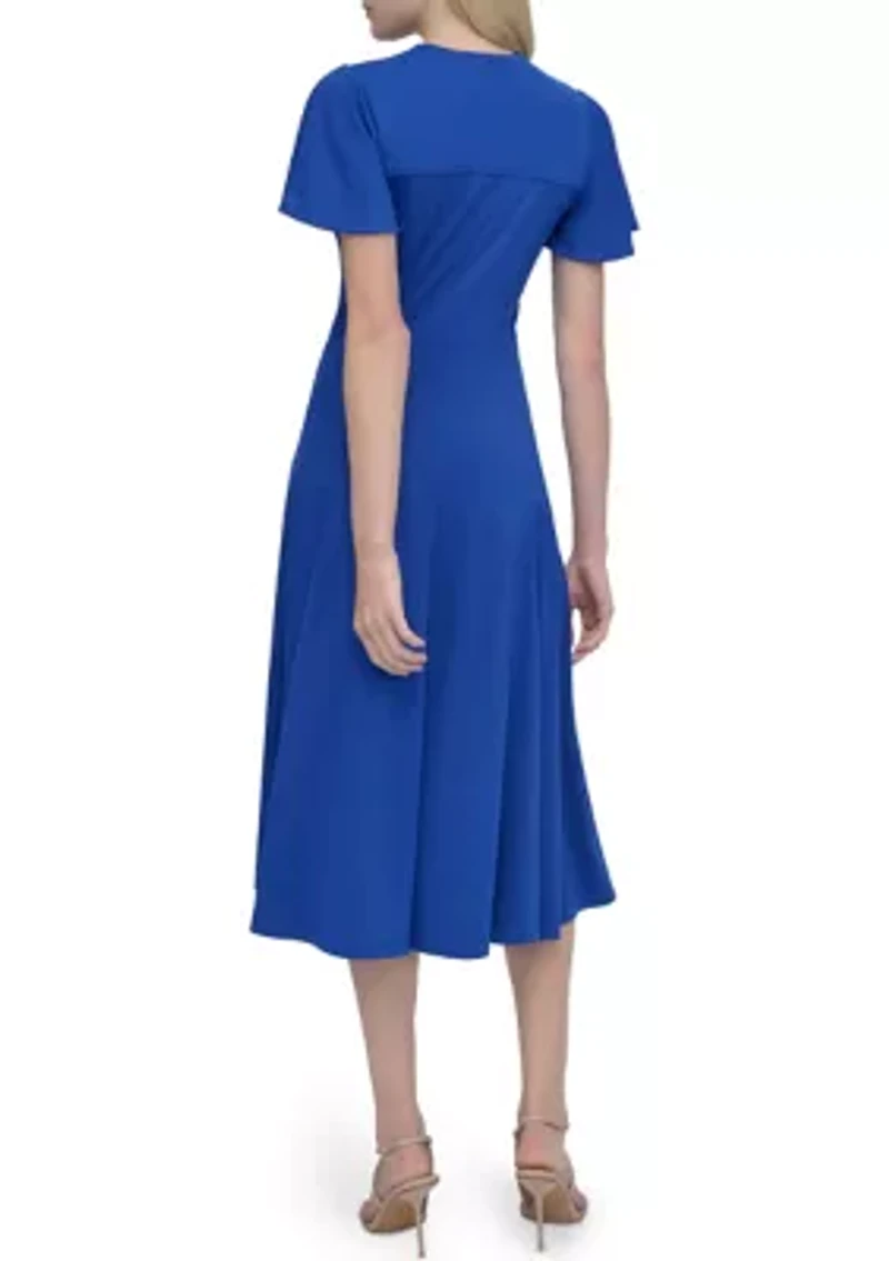 Women's Short Sleeve V-Neck Solid A-Line Dress