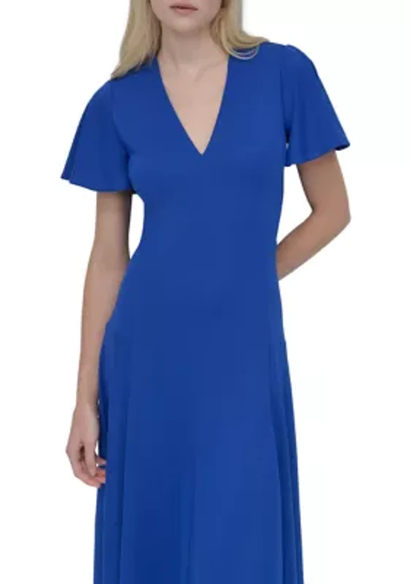 Women's Short Sleeve V-Neck Solid A-Line Dress