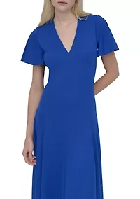 Women's Short Sleeve V-Neck Solid A-Line Dress