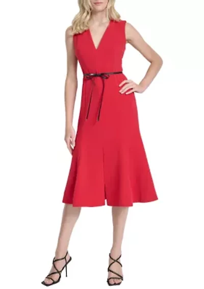 Women's Sleeveless V-Neck A-Line Stretch Midi Dress