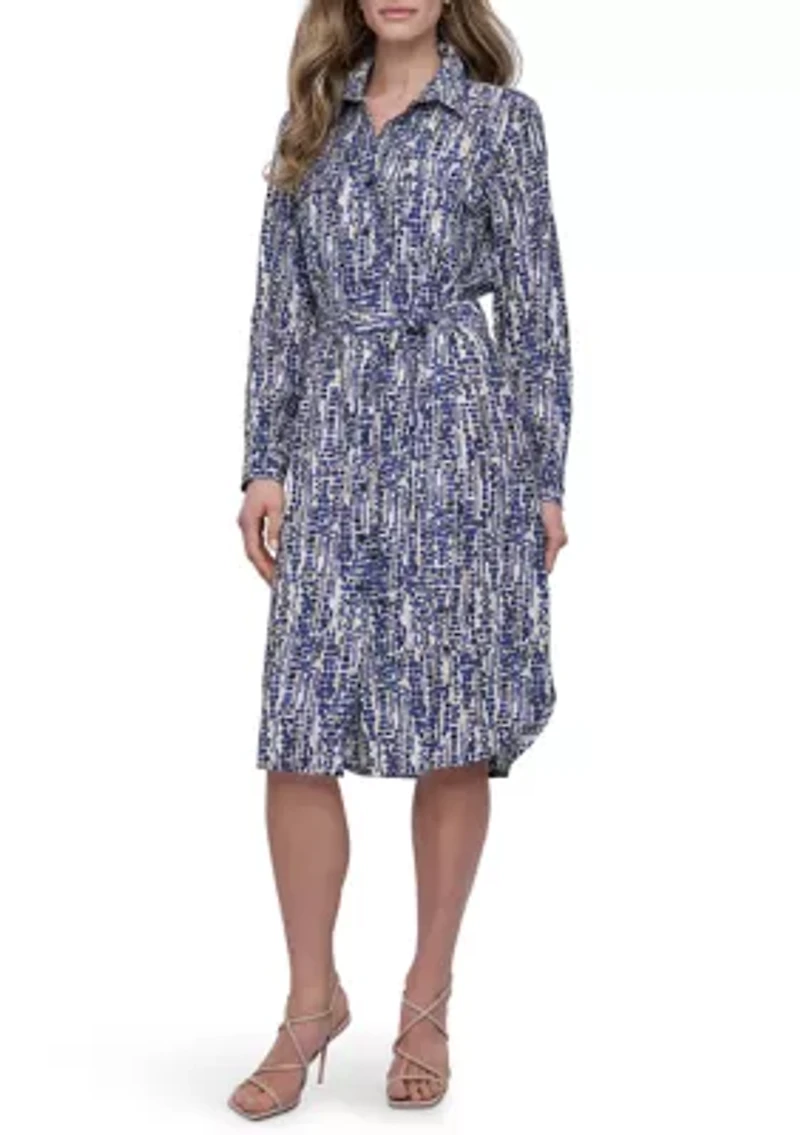 Women's Long Sleeve Collar Neck Print A-Line Shirtdress