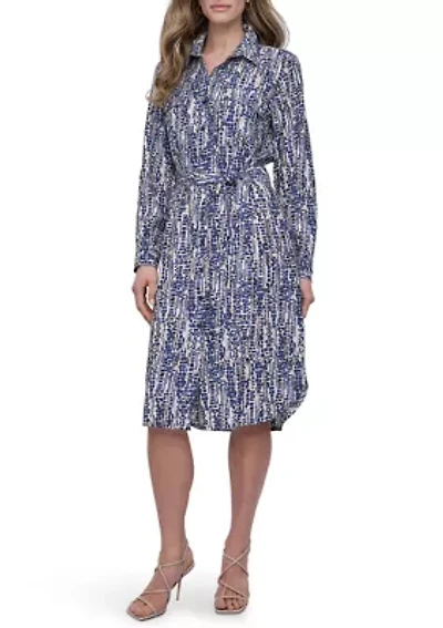 Women's Long Sleeve Collar Neck Print A-Line Shirtdress