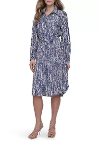Women's Long Sleeve Collar Neck Print A-Line Shirtdress