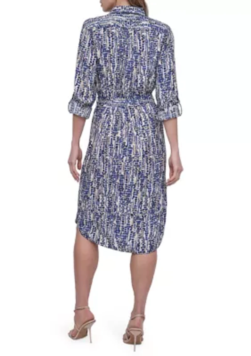 Women's Long Sleeve Collar Neck Print A-Line Shirtdress