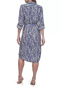 Women's Long Sleeve Collar Neck Print A-Line Shirtdress