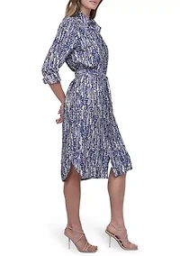 Women's Long Sleeve Collar Neck Print A-Line Shirtdress