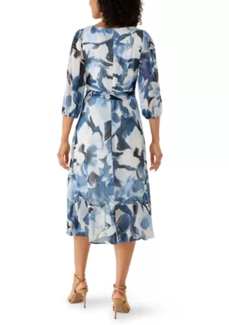 Women's Short Puff Sleeve Midi Wrap Dress