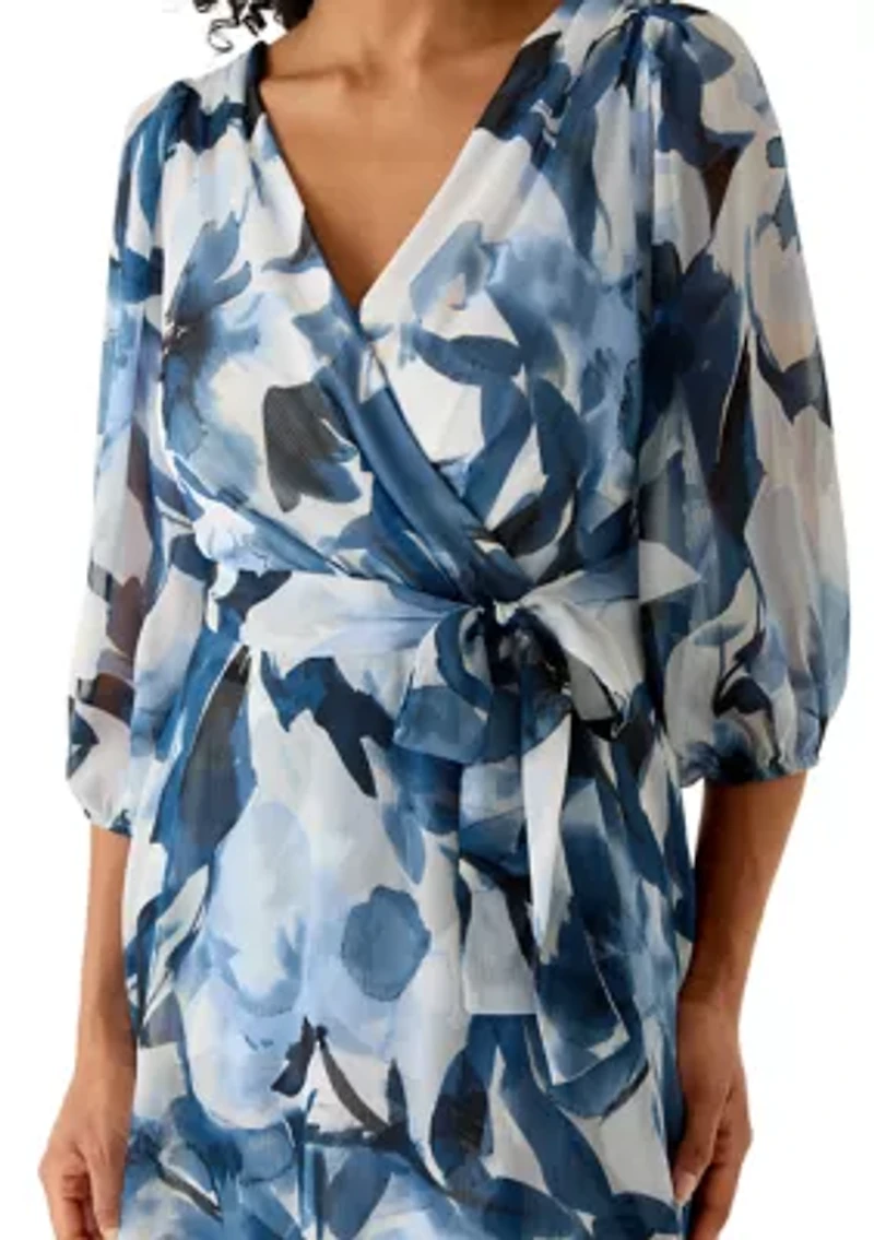 Women's Short Puff Sleeve Midi Wrap Dress