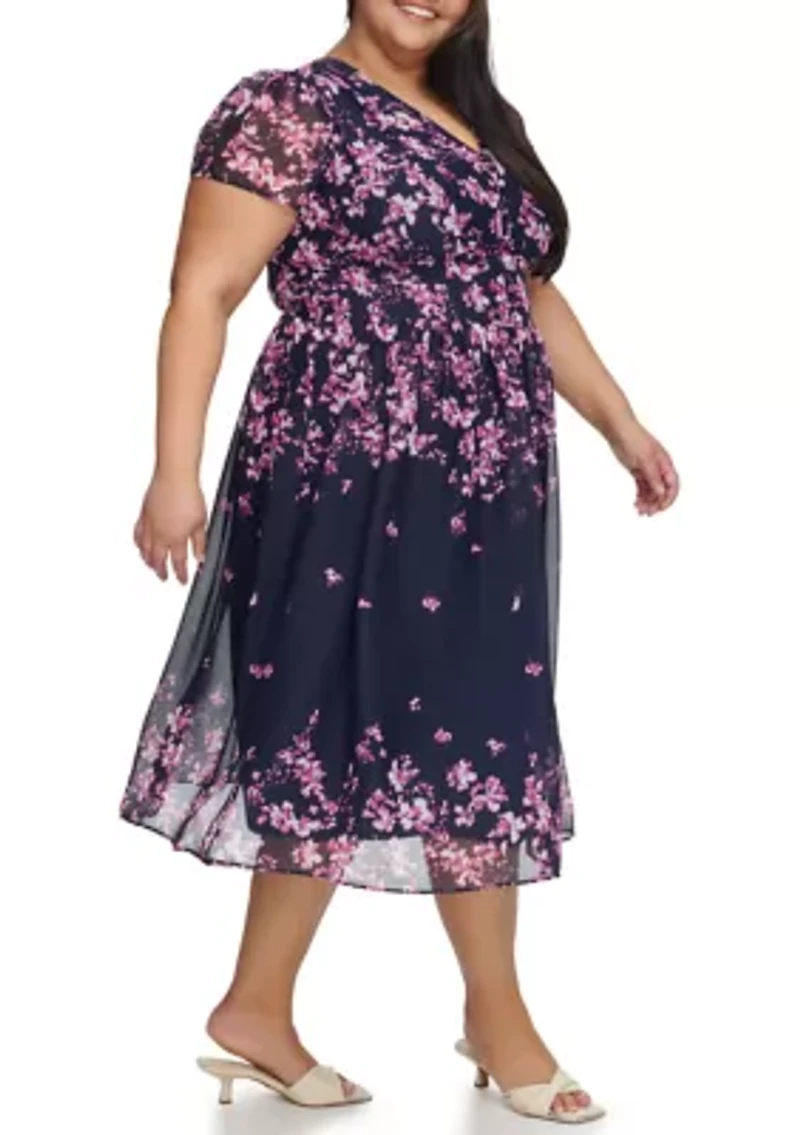 Plus Short Sleeve V-Neck Floral Print Button Front Midi Dress