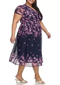 Plus Short Sleeve V-Neck Floral Print Button Front Midi Dress