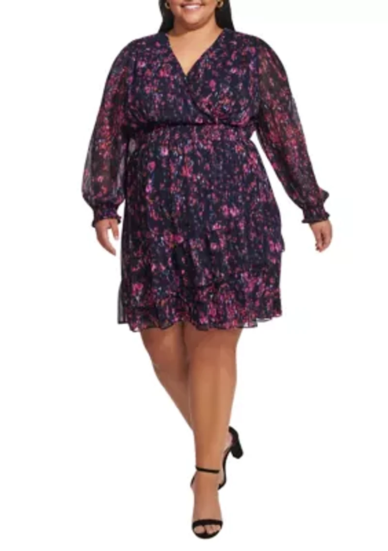 Plus Long Sleeve V-Neck Floral Print Ruffle Hem Dress