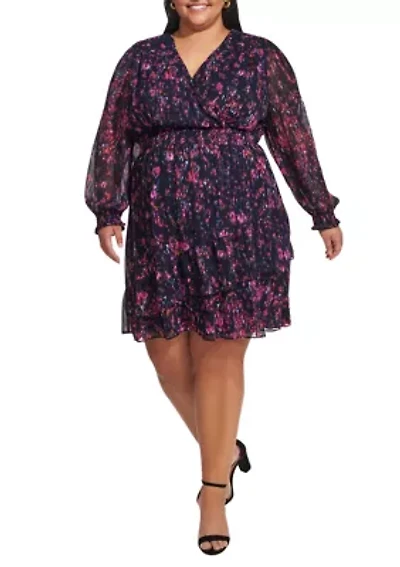 Plus Long Sleeve V-Neck Floral Print Ruffle Hem Dress