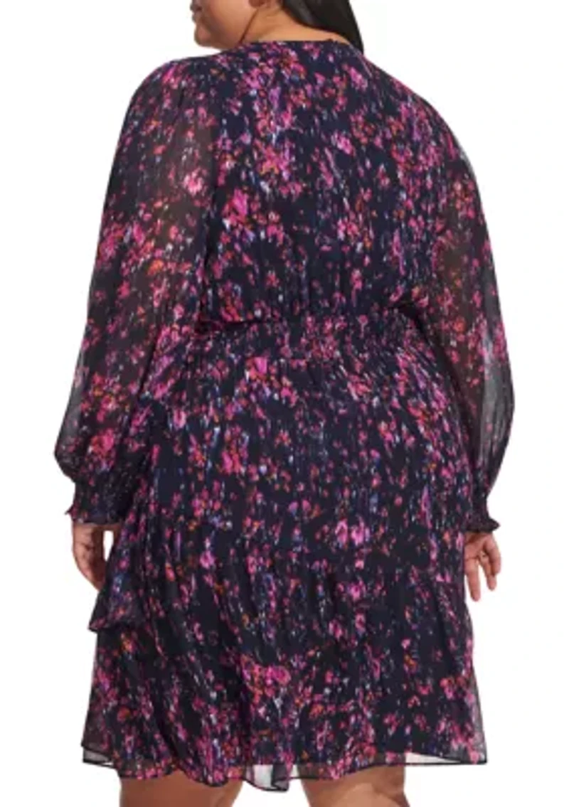 Plus Long Sleeve V-Neck Floral Print Ruffle Hem Dress
